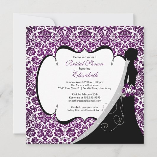Trendy Amethyst Damask Bride Vrijgezellenfeest Inv Kaart (Voorkant)