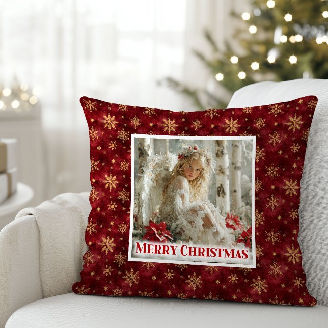 Trendy Angel Poinsettia Red Gold Personalized Xmas Kussen (Trendy Angel Poinsettia Red Gold Personalized Christmas Pillow

)