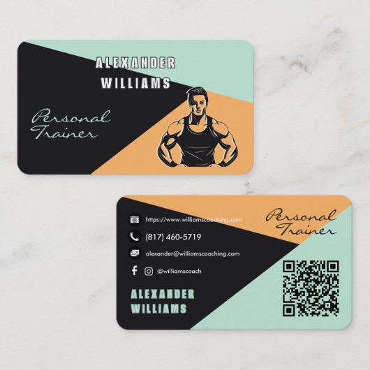 Trendy Apricot Aeroblue QRcode Personal Trainer Visitekaartje (Voorkant / Achterkant)