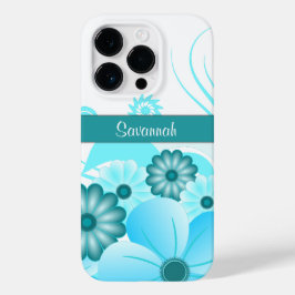 Trendy Aqua Blue Blauwgroen Hibiscus bloemontwerp Case-Mate iPhone 14 Pro Hoesje