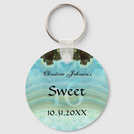 Trendy Aqua Blue Crystal Sweet 16 Party Favors Sleutelhanger (Voorkant)