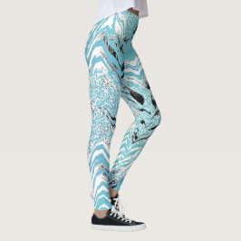 Trendy Aqua Blue White Chevron ZigZag Leggings