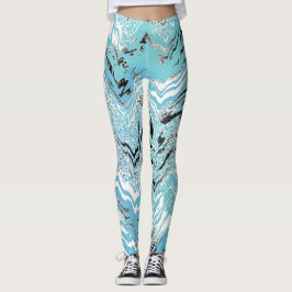Trendy Aqua Blue White Chevron ZigZag Leggings