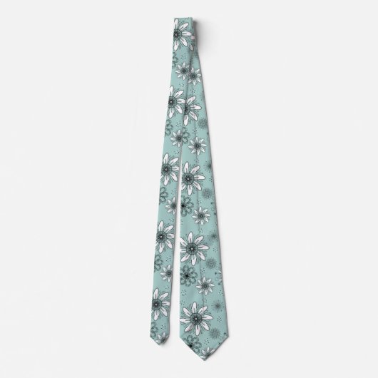 Trendy Aqua Daisy Floral Pen en inkt Print Stropdas (Achterkant)