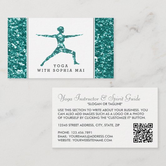 Trendy Aqua Glitter Effect Yoga Instructeur Visitekaartje (Voorkant / Achterkant)