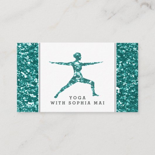 Trendy Aqua Glitter Effect Yoga Instructeur Visitekaartje (Voorkant)