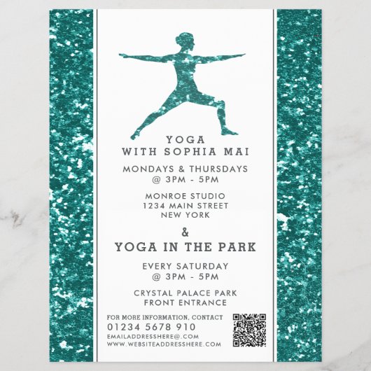 Trendy Aqua Glitter Effect Yoga Les Advertentie Flyer (Voorkant)