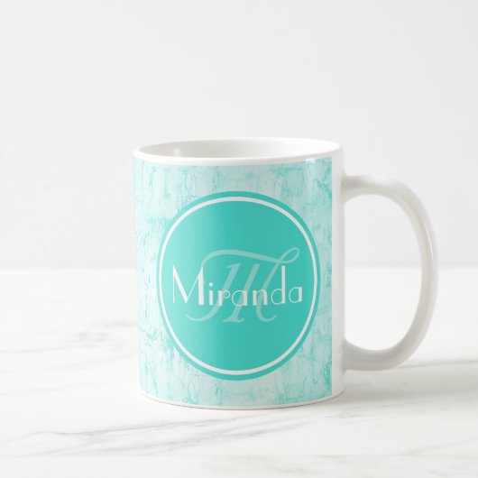 Trendy Aqua Mint Crackle Patroon met Monogram Koffiemok (Rechts)
