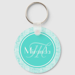 Trendy Aqua Mint Crackle Patroon met Monogram Sleutelhanger