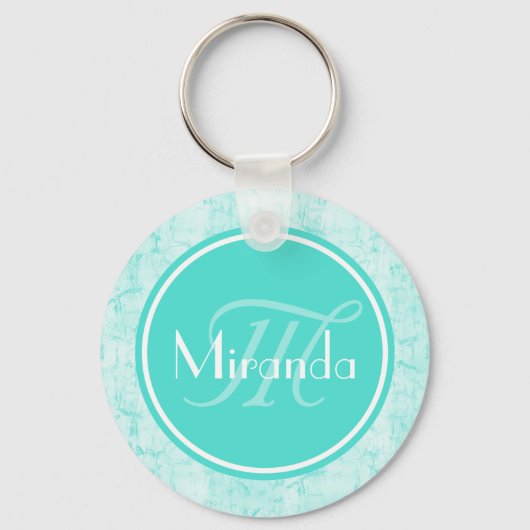 Trendy Aqua Mint Crackle Patroon met Monogram Sleutelhanger (Voorkant)