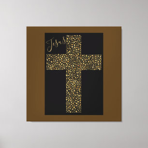 Trendy Art Afbeelding Jesus Gold Cross Brown Canvas Afdruk