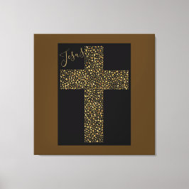 Trendy Art Afbeelding Jesus Gold Cross Brown Canvas Afdruk