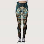 Trendy Art Deco Blauw Gouden Vlinder Yoga Leggings (Voorkant)