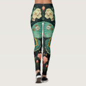 Trendy Art Deco Blauwgroen roze bloemige vlinderyo Leggings (Achterkant)