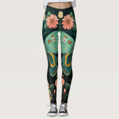 Trendy Art Deco Blauwgroen roze bloemige vlinderyo Leggings (Voorkant)