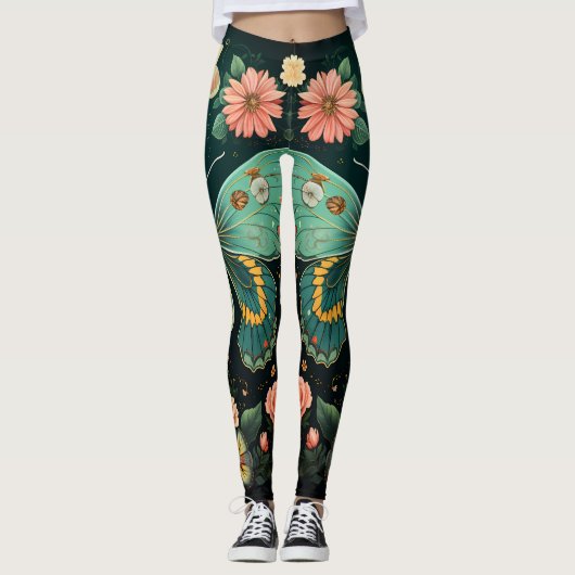 Trendy Art Deco Blauwgroen roze bloemige vlinderyo Leggings (Voorkant)