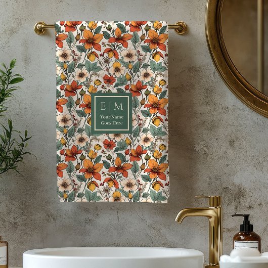 Trendy Autumn Garden Olive Rust Personalized Towel Bad Handdoek