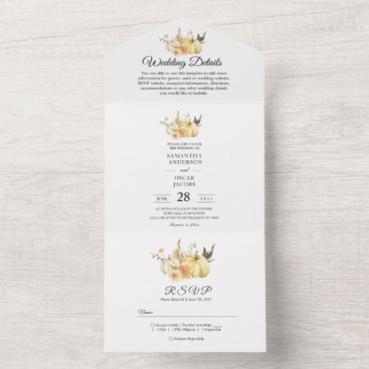 Trendy Autumn Waterverf Pumpkin & Flowers All In One Uitnodiging (Binnen)