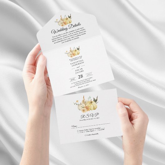 Trendy Autumn Waterverf Pumpkin & Flowers All In One Uitnodiging