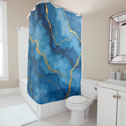 Trendy Azure Blue Gold Marble Collectie Douchegordijn (In situ)