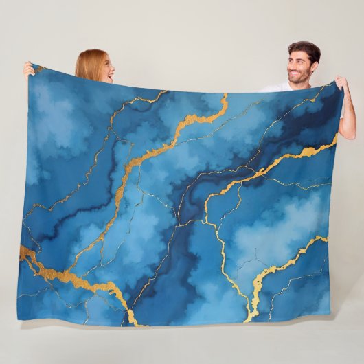 Trendy Azure Blue Gold Marble Collectie Fleece Deken (In situ)