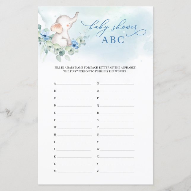 Trendy baby olifant blauw bloemenBaby shower ABC (Voorkant)