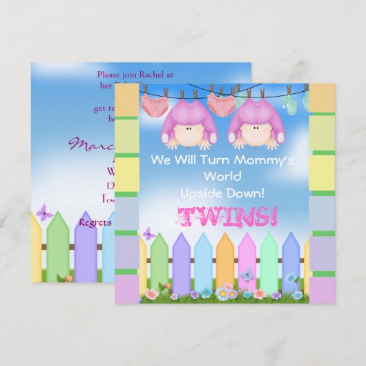 TRENDY BABY SHOWER Invitations GIRL TWINS! Kaart (Voorkant / Achterkant)