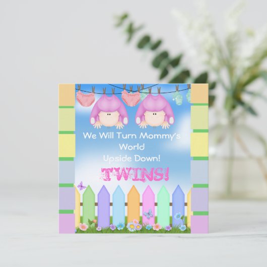 TRENDY BABY SHOWER Invitations GIRL TWINS! Kaart (Staand voorkant)