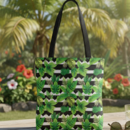 Trendy Bag with Green Leaves and Striped Details Tote Bag