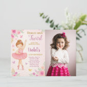 Trendy Ballerina Verjaardag Uitnodiging met foto (Staand voorkant)