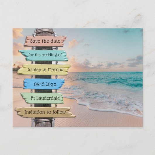 Trendy Beach Sign Weddenschap Save the Date Aankondigingskaart (Voorkant)