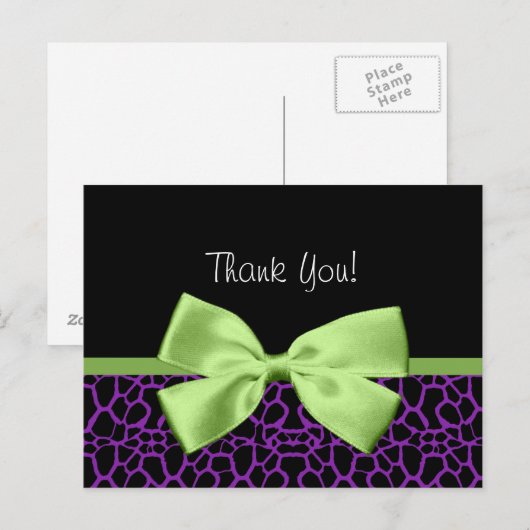 Trendy Bedankt Paarse Giraffe met groen lint Briefkaart (Voorkant / Achterkant)