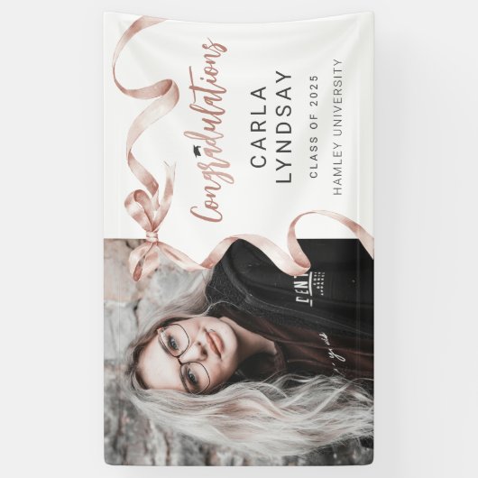 Trendy Beige Bow Foto Afstuderen Banner (Verticaal)
