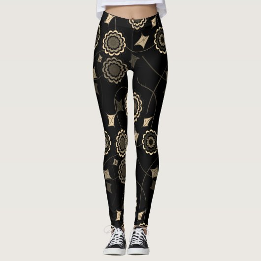 Trendy Beige Color Flower Ivy Black Leggings (Voorkant)