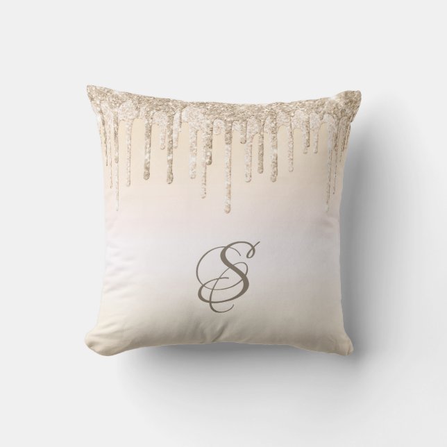 Trendy Beige Glitter Drift Grafisch Monogram Kussen (Voorkant)