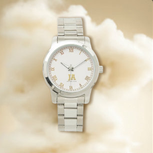 Trendy Beige Stijlvolle Gouden Monogram Naam Horloge