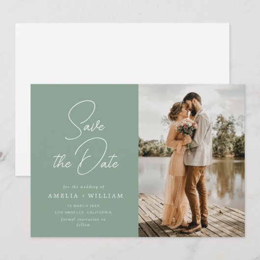 trendy belettering bruiloft salie groen Save the D Save The Date (Voorkant / Achterkant)