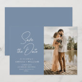 trendy belettering stoffige blauwe bruiloft Save t The Date (Voorkant / Achterkant)