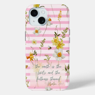 Trendy Bijbeltekst Roze Streep Gele Narcissen Bije iPhone 15 Case