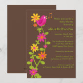 Trendy Bird & Flowers Baby shower Invitation Kaart (Voorkant / Achterkant)