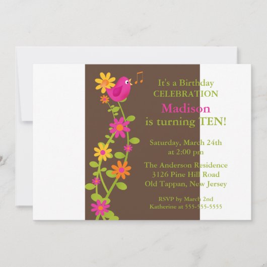 Trendy Bird & Flowers Birthday Uitnodiging (Voorkant)