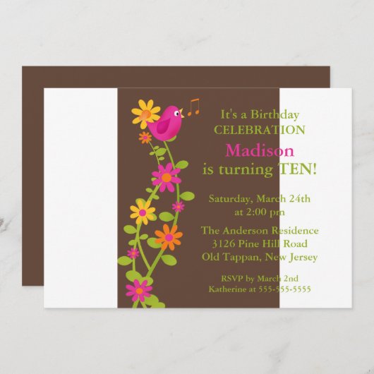 Trendy Bird & Flowers Birthday Uitnodiging (Voorkant / Achterkant)