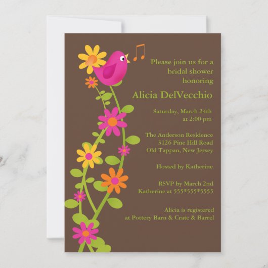 Trendy Bird & Flowers Bridal Shower Invitation Kaart (Voorkant)
