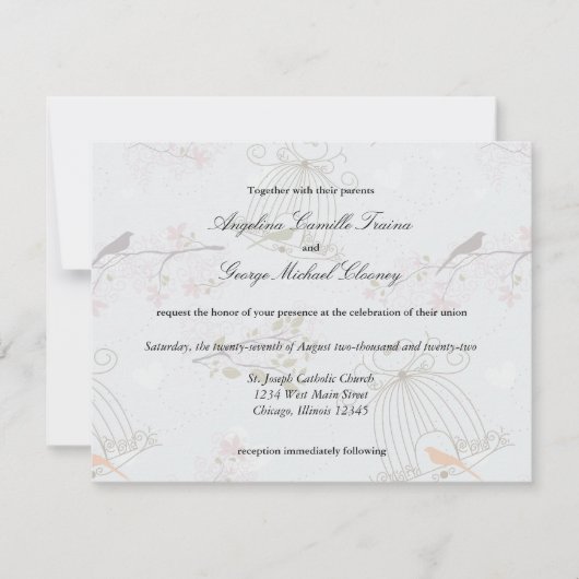 Trendy Birdcages and Flowers Wedding Invite Kaart (Voorkant)