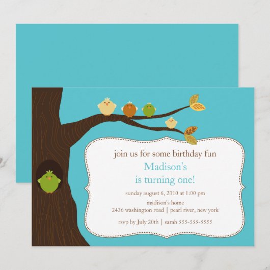 Trendy Birds Birthday Invitation Kaart (Voorkant / Achterkant)