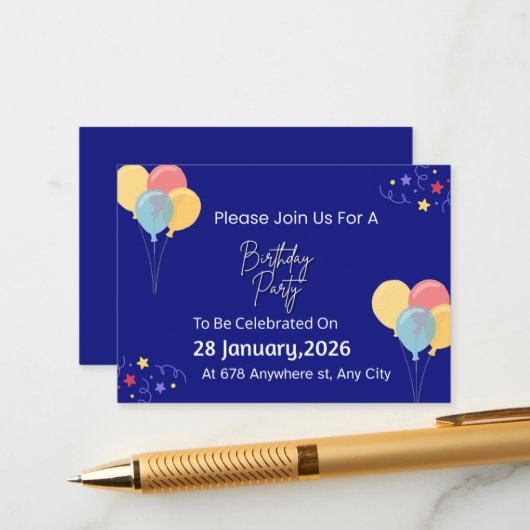Trendy Birthday Party Invitation | Personalized Te Informatiekaartje (Voorkant / Achterkant in situ)