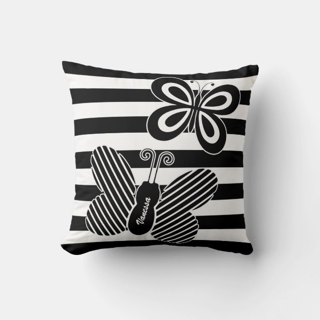 Trendy Black and White Butterfly Stripes met naam Kussen (Voorkant)