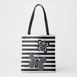 Trendy Black and White Butterfly Stripes met naam Tote Bag