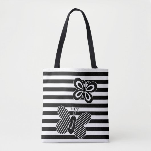 Trendy Black and White Butterfly Stripes met naam Tote Bag (Voorkant)