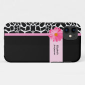 Trendy Black and White Giraffe Pink Daisy and Name Case-Mate iPhone Case (Achterkant (horizontaal))